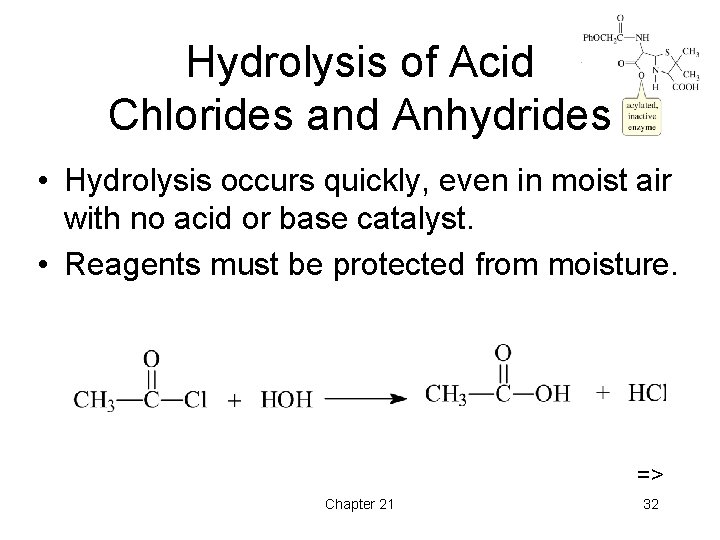 Hydrolysis of Acid Chlorides and Anhydrides • Hydrolysis occurs quickly, even in moist air