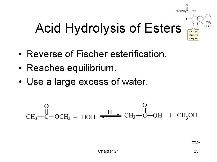 Acid Hydrolysis of Esters • Reverse of Fischer esterification. • Reaches equilibrium. • Use