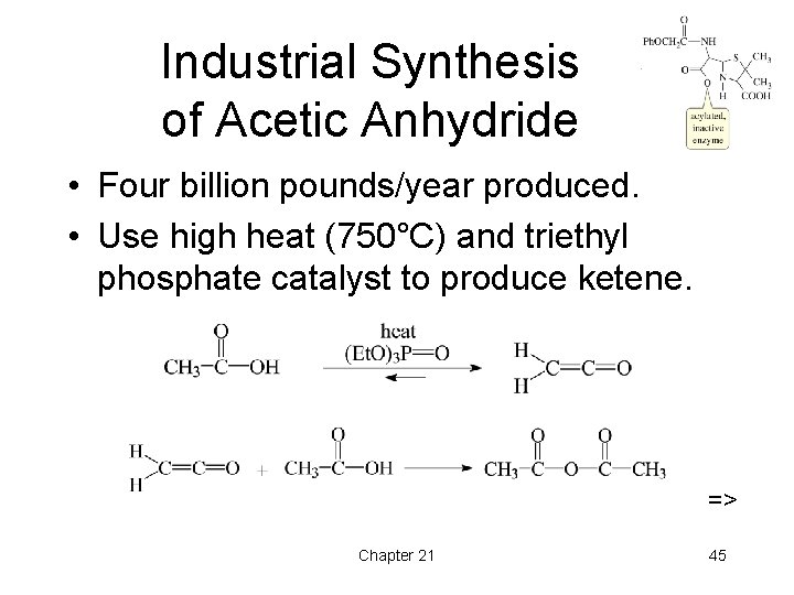 Industrial Synthesis of Acetic Anhydride • Four billion pounds/year produced. • Use high heat