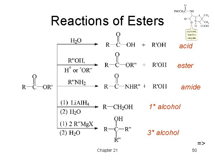 Reactions of Esters acid ester amide 1° alcohol 3° alcohol => Chapter 21 50