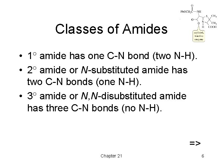Classes of Amides • 1 amide has one C-N bond (two N-H). • 2
