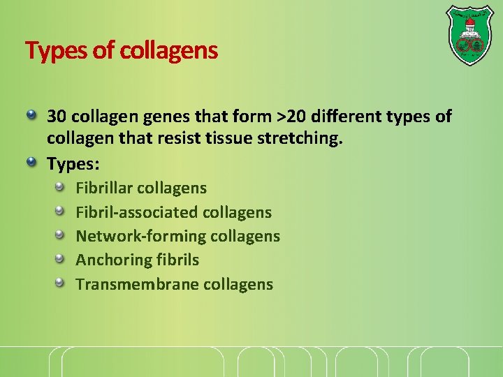 Types of collagens 30 collagen genes that form >20 different types of collagen that