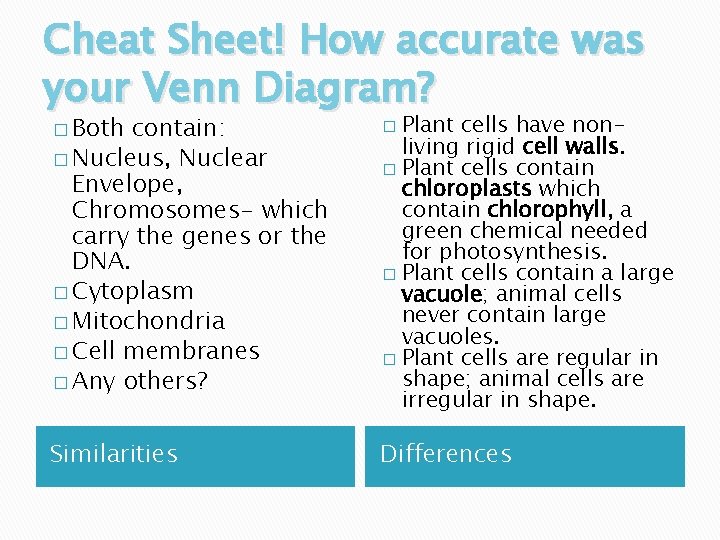 Cheat Sheet! How accurate was your Venn Diagram? contain: � Nucleus, Nuclear Envelope, Chromosomes-