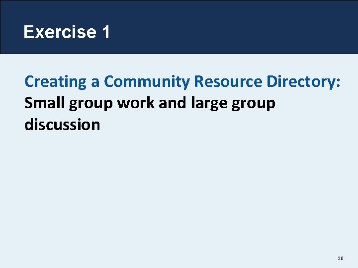 Exercise 1 Creating a Community Resource Directory: Small group work and large group discussion