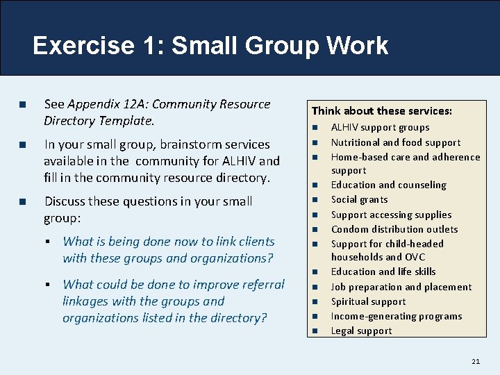 Exercise 1: Small Group Work n n n See Appendix 12 A: Community Resource