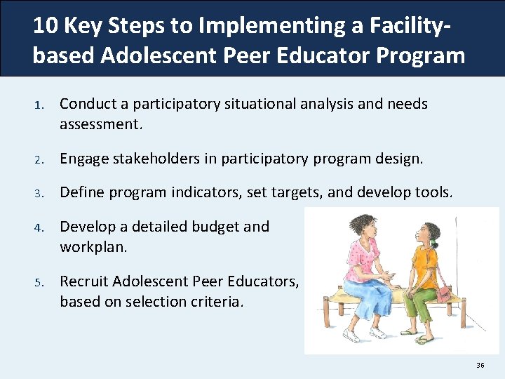 10 Key Steps to Implementing a Facilitybased Adolescent Peer Educator Program 1. Conduct a