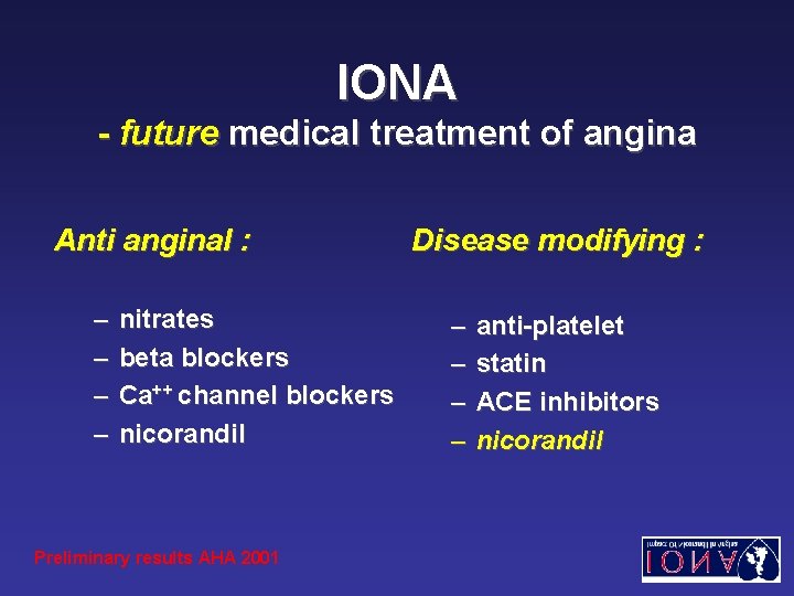 IONA - future medical treatment of angina Anti anginal : – – nitrates beta