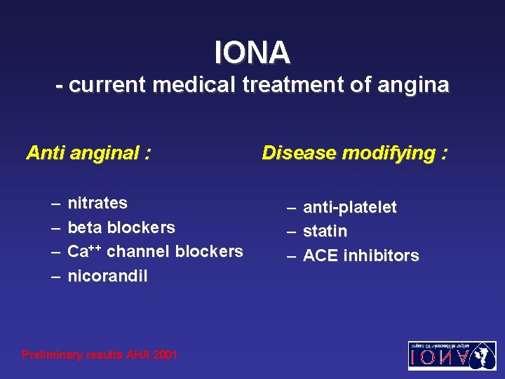 IONA - current medical treatment of angina Anti anginal : – – nitrates beta