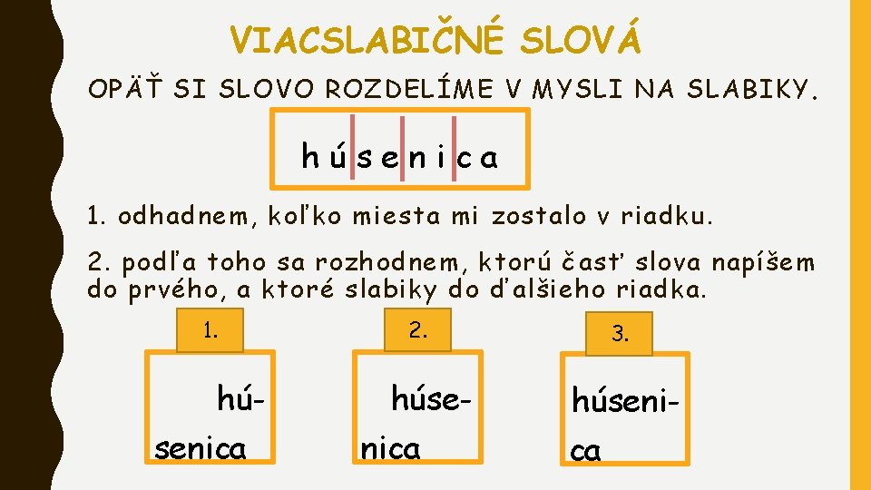 VIACSLABIČNÉ SLOVÁ OPÄŤ SI SLOVO ROZDELÍME V MYSLI NA SLABIKY. húsenica 1. odhadnem, koľko