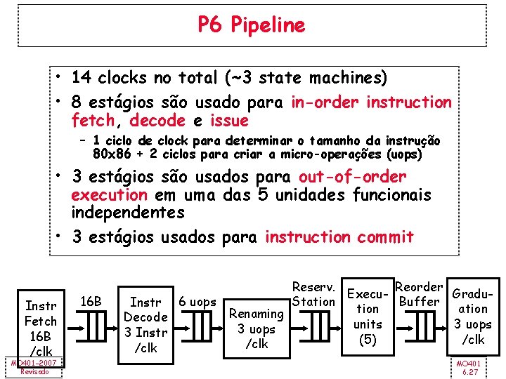 P 6 Pipeline • 14 clocks no total (~3 state machines) • 8 estágios