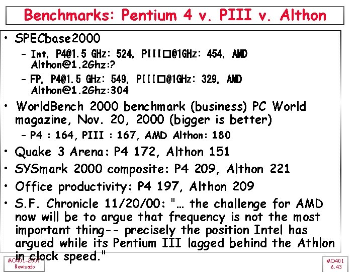 Benchmarks: Pentium 4 v. PIII v. Althon • SPECbase 2000 – Int, P 4@1.
