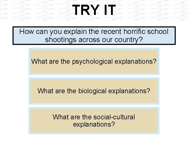 TRY IT How can you explain the recent horrific school shootings across our country?