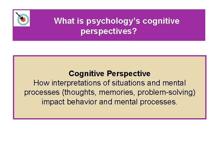 What is psychology’s cognitive perspectives? Cognitive Perspective How interpretations of situations and mental processes