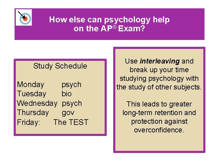 How else can psychology help on the AP® Exam? Study Schedule Monday psych Tuesday