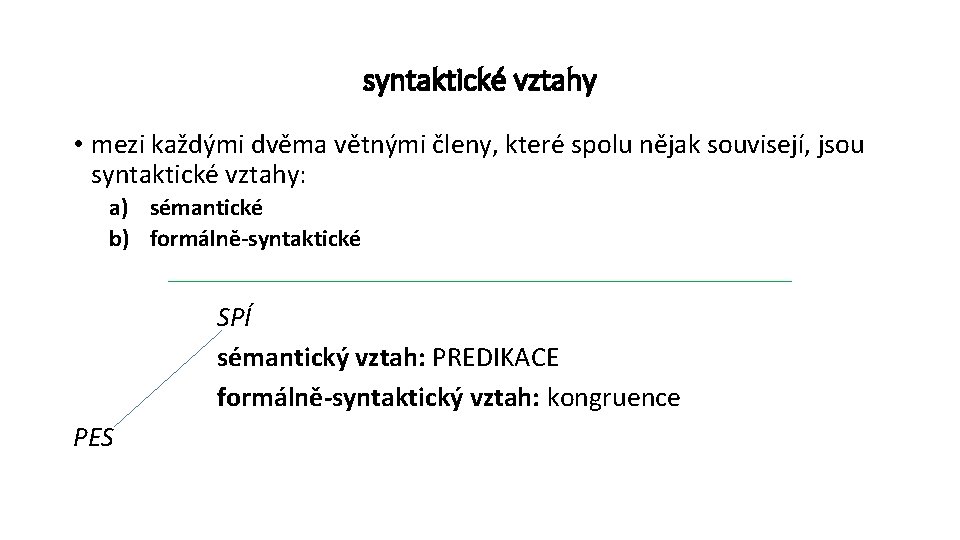 syntaktické vztahy • mezi každými dvěma větnými členy, které spolu nějak souvisejí, jsou syntaktické