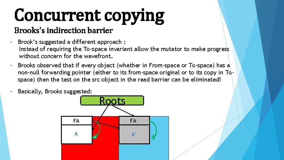 Concurrent copying Brooks's indirection barrier - Brook’s suggested a different approach : Instead of