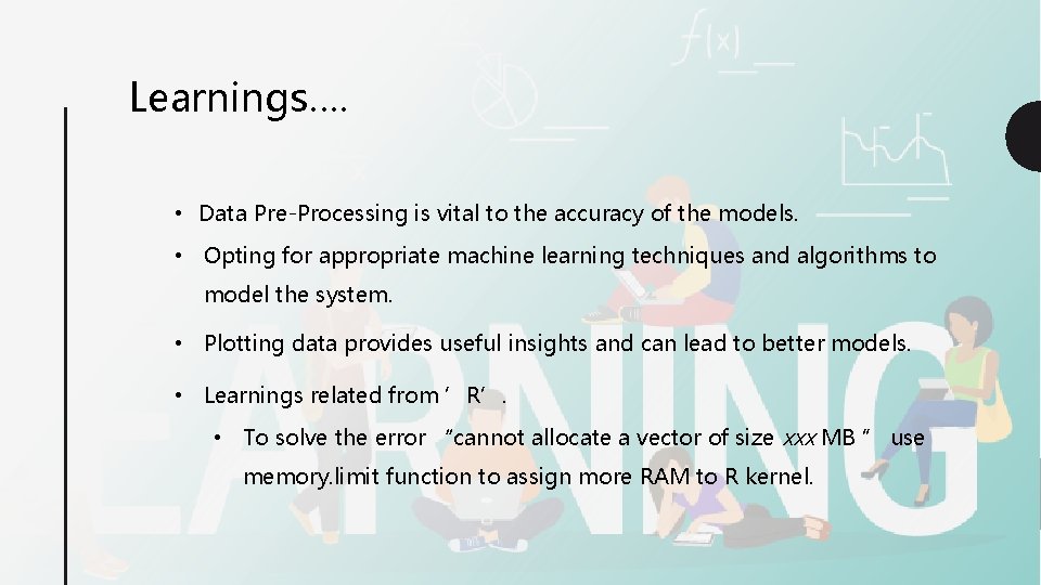 Learnings…. • Data Pre-Processing is vital to the accuracy of the models. • Opting