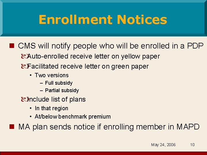 Enrollment Notices n CMS will notify people who will be enrolled in a PDP