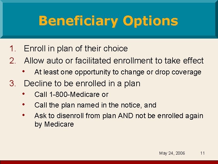 Beneficiary Options 1. Enroll in plan of their choice 2. Allow auto or facilitated