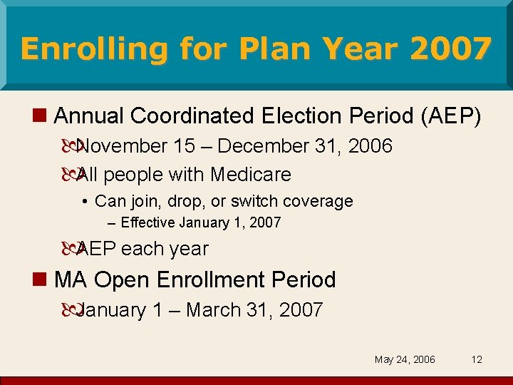 Enrolling for Plan Year 2007 n Annual Coordinated Election Period (AEP) November 15 –