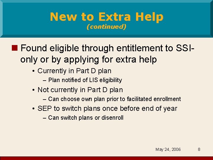 New to Extra Help (continued) n Found eligible through entitlement to SSIonly or by