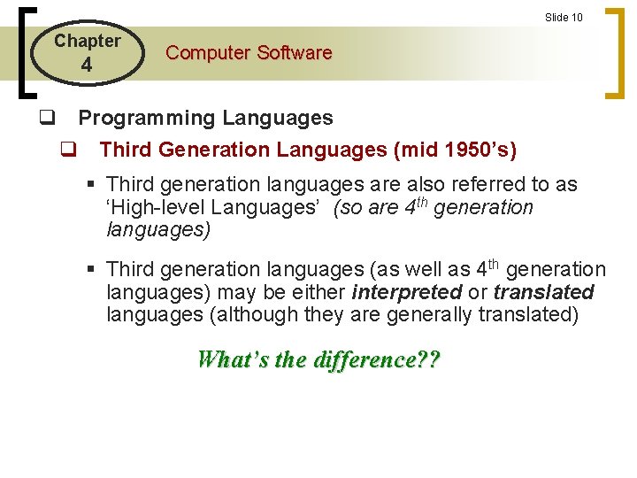 Slide 10 Chapter 4 Computer Software q Programming Languages q Third Generation Languages (mid Slide 10 Chapter 4 Computer Software q Programming Languages q Third Generation Languages (mid