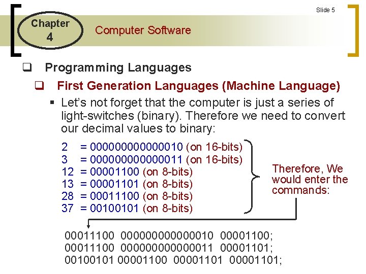 Slide 5 Chapter 4 Computer Software q Programming Languages q First Generation Languages (Machine Slide 5 Chapter 4 Computer Software q Programming Languages q First Generation Languages (Machine