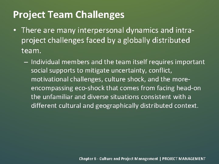 Project Team Challenges • There are many interpersonal dynamics and intraproject challenges faced by