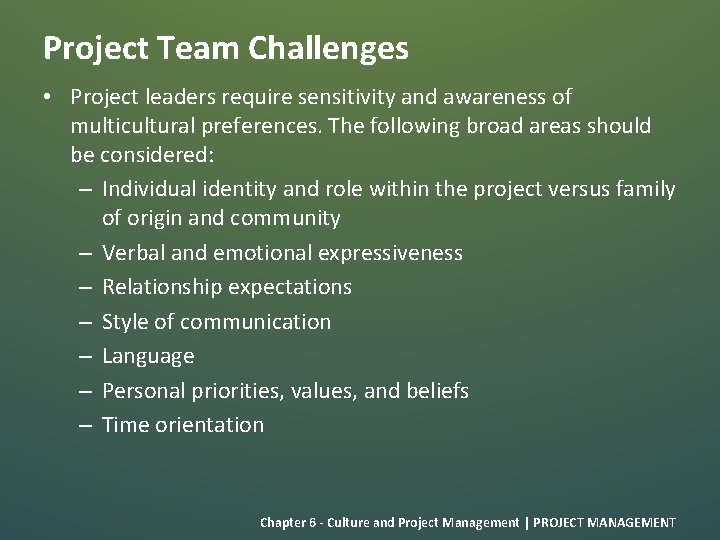 Project Team Challenges • Project leaders require sensitivity and awareness of multicultural preferences. The