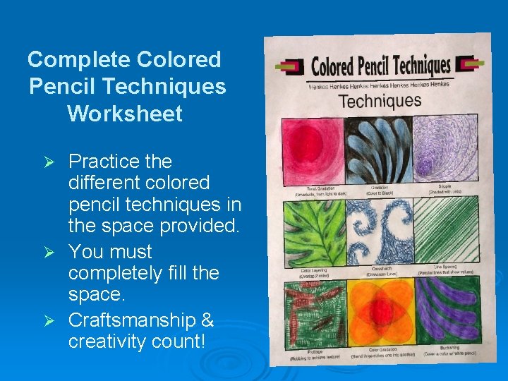 Complete Colored Pencil Techniques Worksheet Practice the different colored pencil techniques in the space