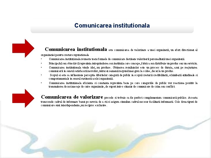 Comunicarea institutionala este comunicarea de valorizare a unei organizatii, un efort directionat al organizatiei