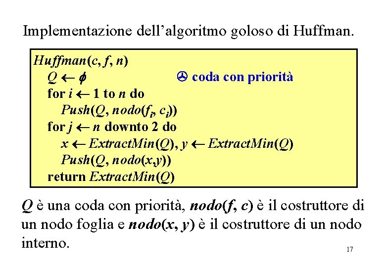 Algoritmo di Huffman Implementazione dell’algoritmo goloso di Huffman(c, f, n) Q coda con priorità