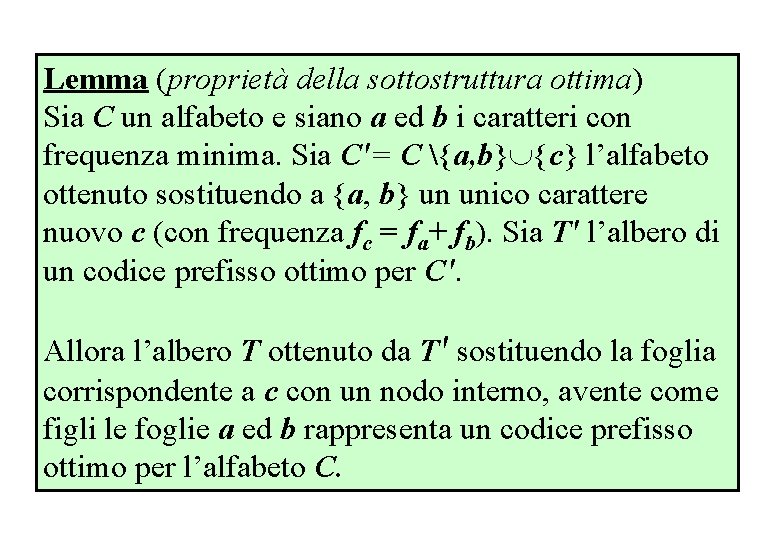 Lemma struttura ottima Lemma (proprietà della sottostruttura ottima) Sia C un alfabeto e siano