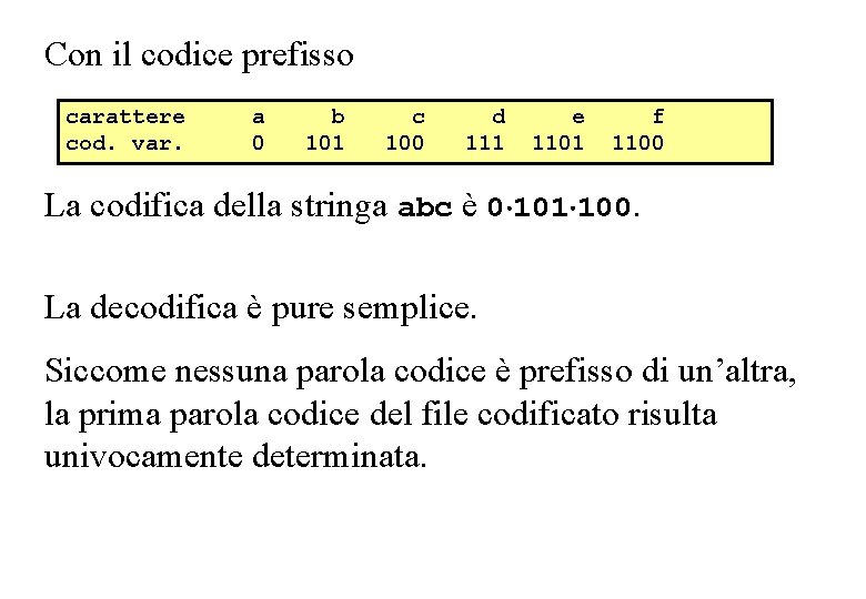 Con il codice prefisso carattere cod. var. a 0 b 101 c 100 d