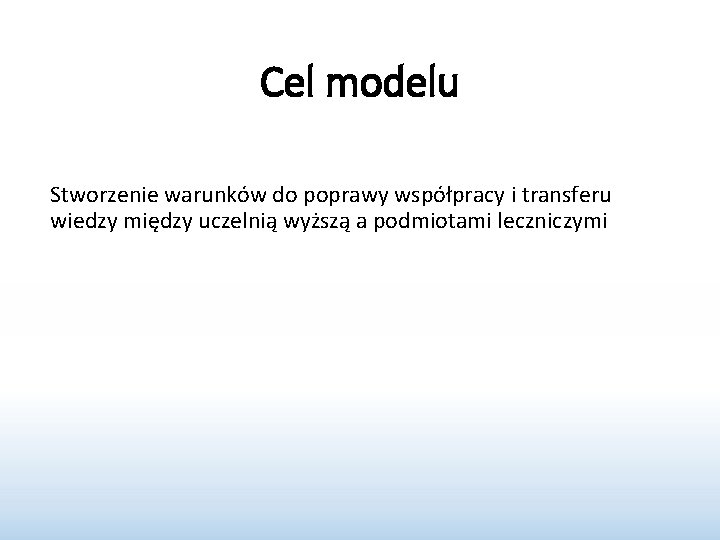 Cel modelu Stworzenie warunków do poprawy współpracy i transferu wiedzy między uczelnią wyższą a