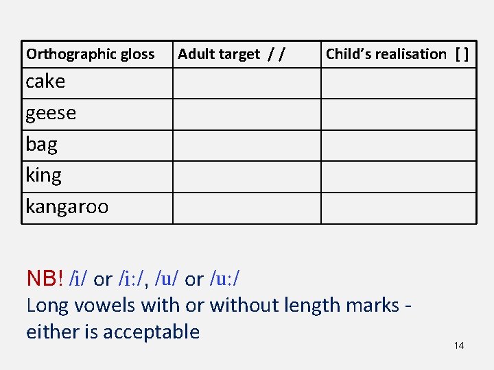 Orthographic gloss Adult target / / Child’s realisation [ ] cake geese bag king