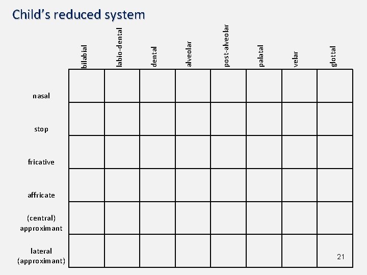glottal velar palatal post-alveolar dental labio-dental bilabial Child’s reduced system nasal stop fricative affricate