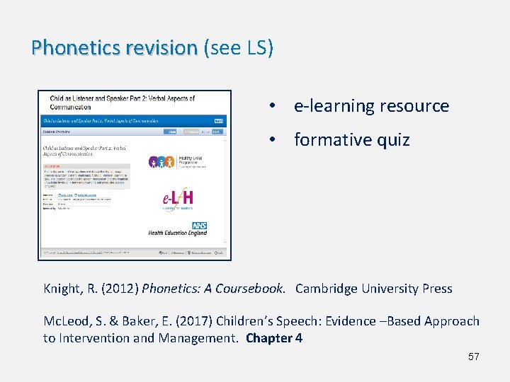 Phonetics revision (see LS) • e-learning resource • formative quiz Knight, R. (2012) Phonetics: