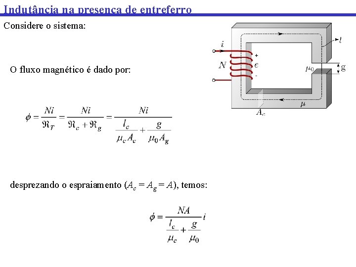 Indutância na presença de entreferro Considere o sistema: O fluxo magnético é dado por: