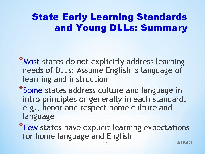 State Early Learning Standards and Young DLLs: Summary *Most states do not explicitly address State Early Learning Standards and Young DLLs: Summary *Most states do not explicitly address