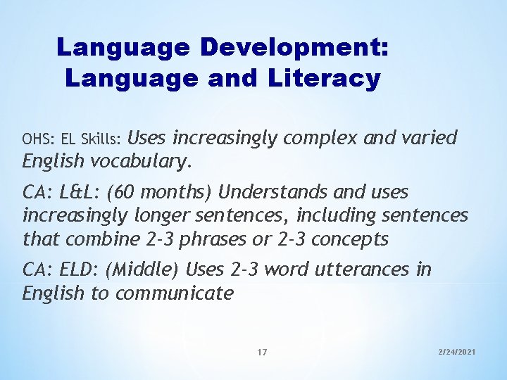 Language Development: Language and Literacy Uses increasingly complex and varied English vocabulary. OHS: EL Language Development: Language and Literacy Uses increasingly complex and varied English vocabulary. OHS: EL