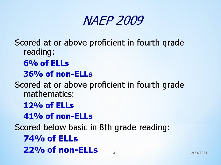 NAEP 2009 Scored at or above proficient in fourth grade reading: 6% of ELLs NAEP 2009 Scored at or above proficient in fourth grade reading: 6% of ELLs