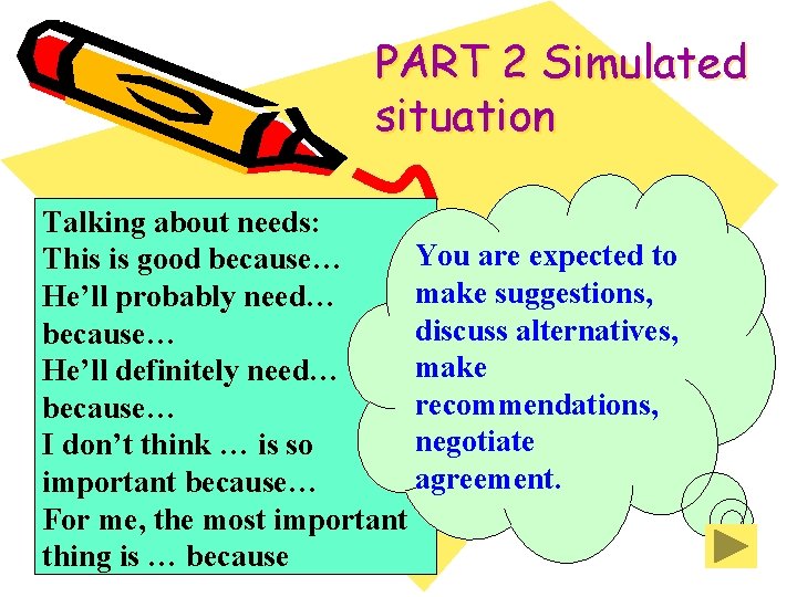 PART 2 Simulated situation Talking about needs: You are expected to This is good PART 2 Simulated situation Talking about needs: You are expected to This is good