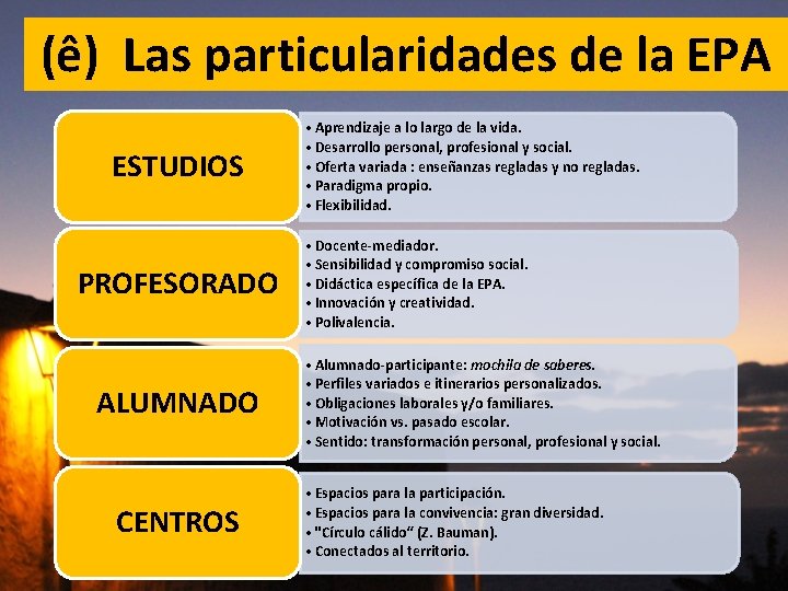 (ê) Las particularidades de la EPA ESTUDIOS PROFESORADO ALUMNADO CENTROS • Aprendizaje a lo (ê) Las particularidades de la EPA ESTUDIOS PROFESORADO ALUMNADO CENTROS • Aprendizaje a lo