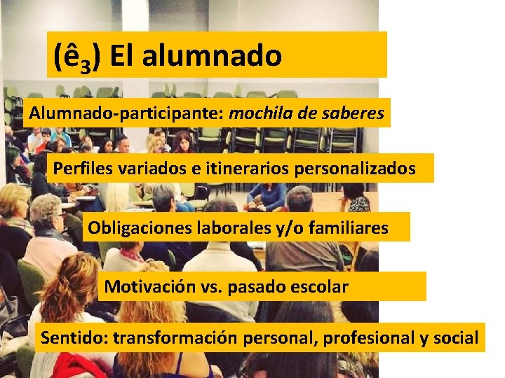 (ê 3) El alumnado Alumnado-participante: mochila de saberes Perfiles variados e itinerarios personalizados Obligaciones (ê 3) El alumnado Alumnado-participante: mochila de saberes Perfiles variados e itinerarios personalizados Obligaciones