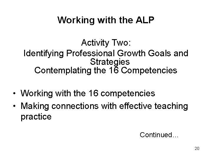 Working with the ALP Activity Two: Identifying Professional Growth Goals and Strategies Contemplating the