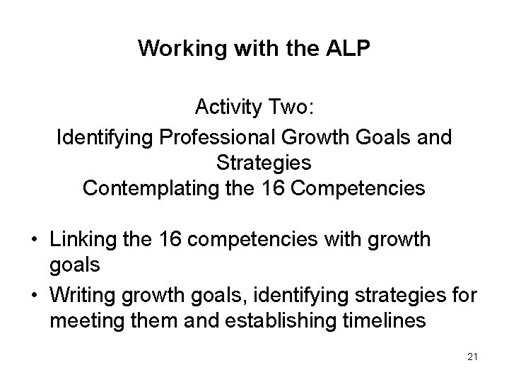 Working with the ALP Activity Two: Identifying Professional Growth Goals and Strategies Contemplating the