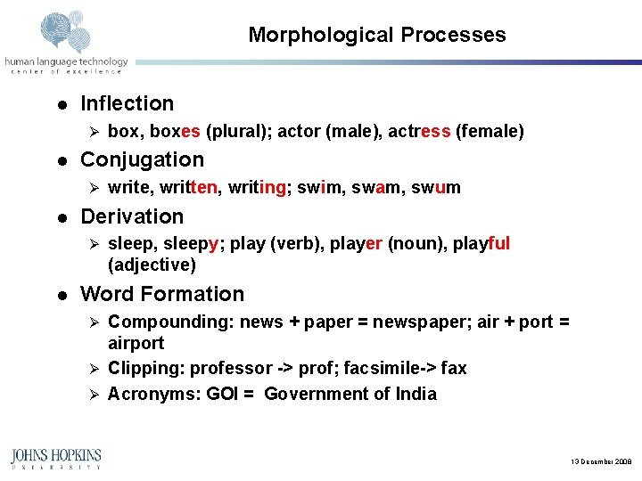 Morphological Processes l Inflection Ø l Conjugation Ø l write, written, writing; swim, swam,