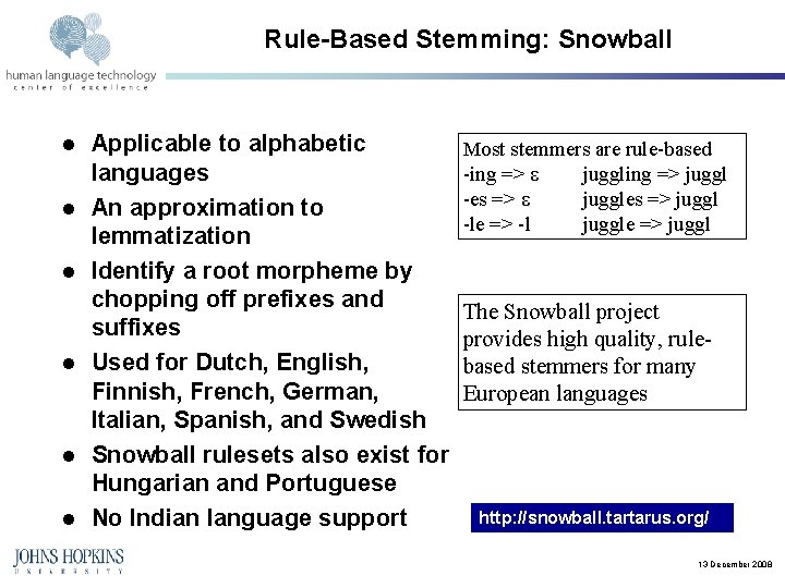 Rule-Based Stemming: Snowball l l l Applicable to alphabetic languages An approximation to lemmatization