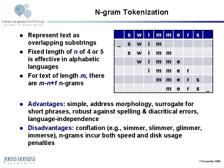N-gram Tokenization l l l Represent text as overlapping substrings Fixed length of n